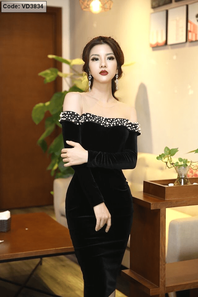 Đầm nhung body đen đóng cườm giá sỉ tận xưởng - Bỏ Sỉ Quần Áo