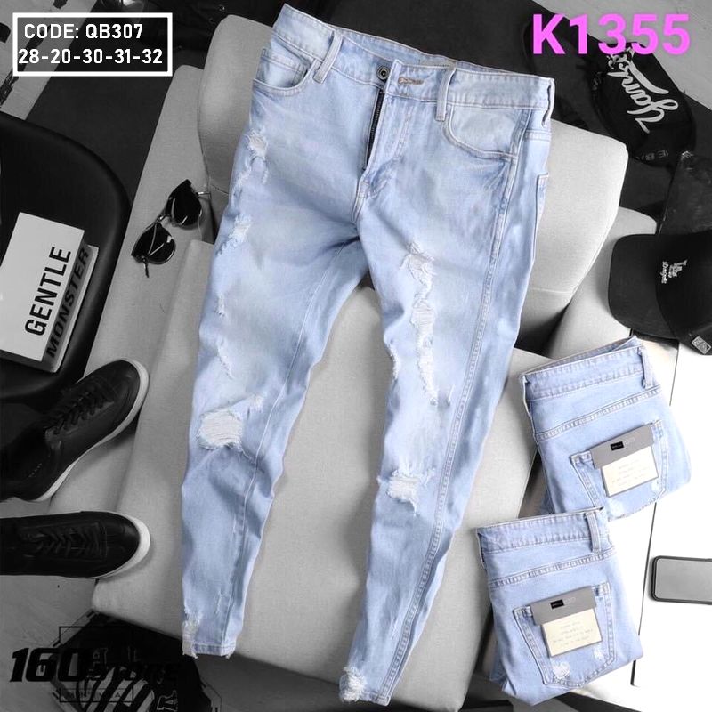 Bỏ sỉ quần jean dài nam màu xanh nhạt rách lai Bỏ sỉ quần jean dài nam màu xanh nhạt rách lai