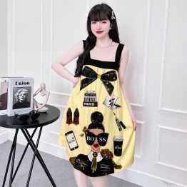 Đầm suông nữ 2 dây bảng to họa tiết siêu cute 3d - DBO1429