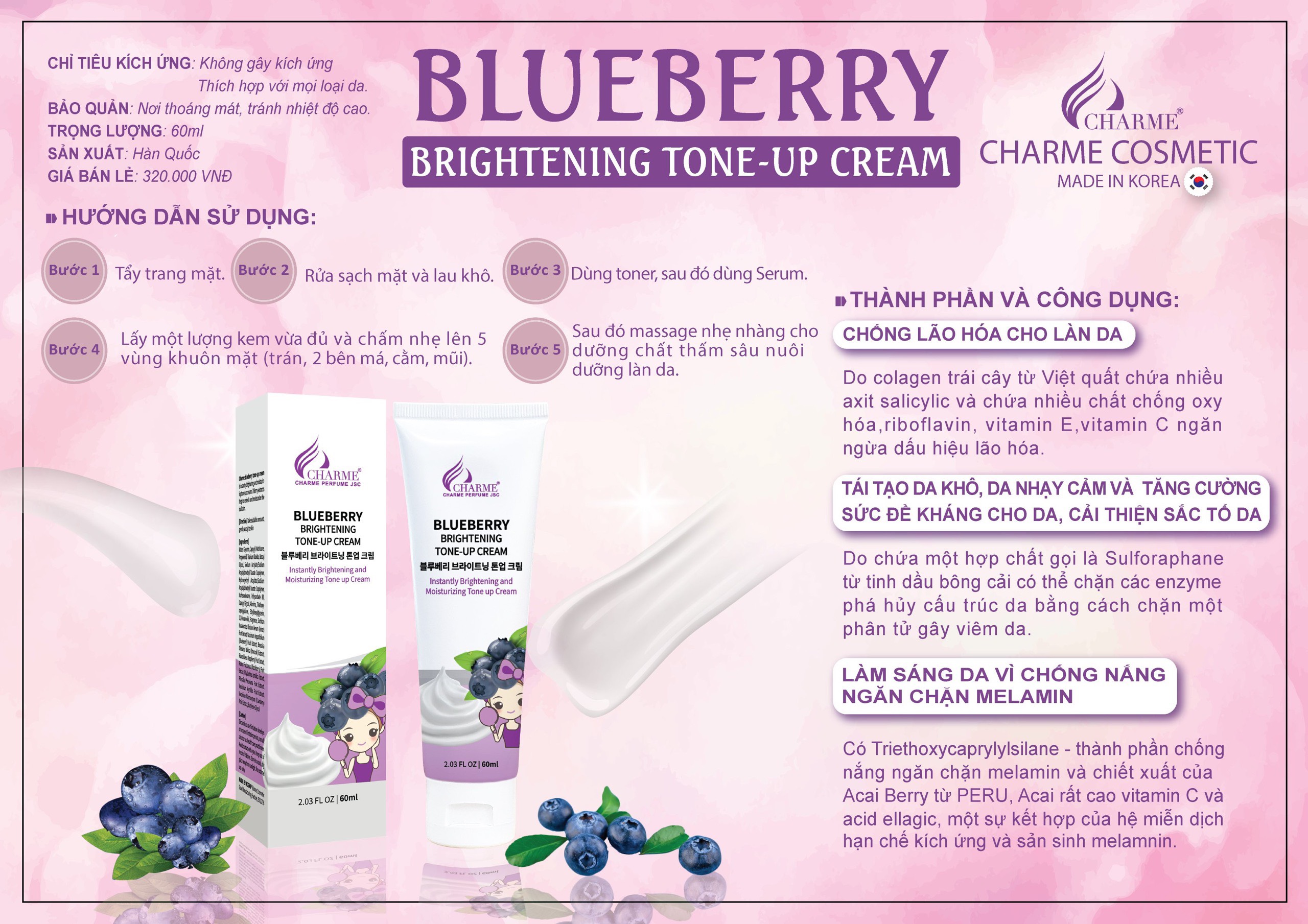 Phân phối kem Dưỡng Da Mặt Blueberry Charme Brightening Tone Up Cream Phân phối kem Dưỡng Da Mặt Blueberry Charme Brightening Tone Up Cream