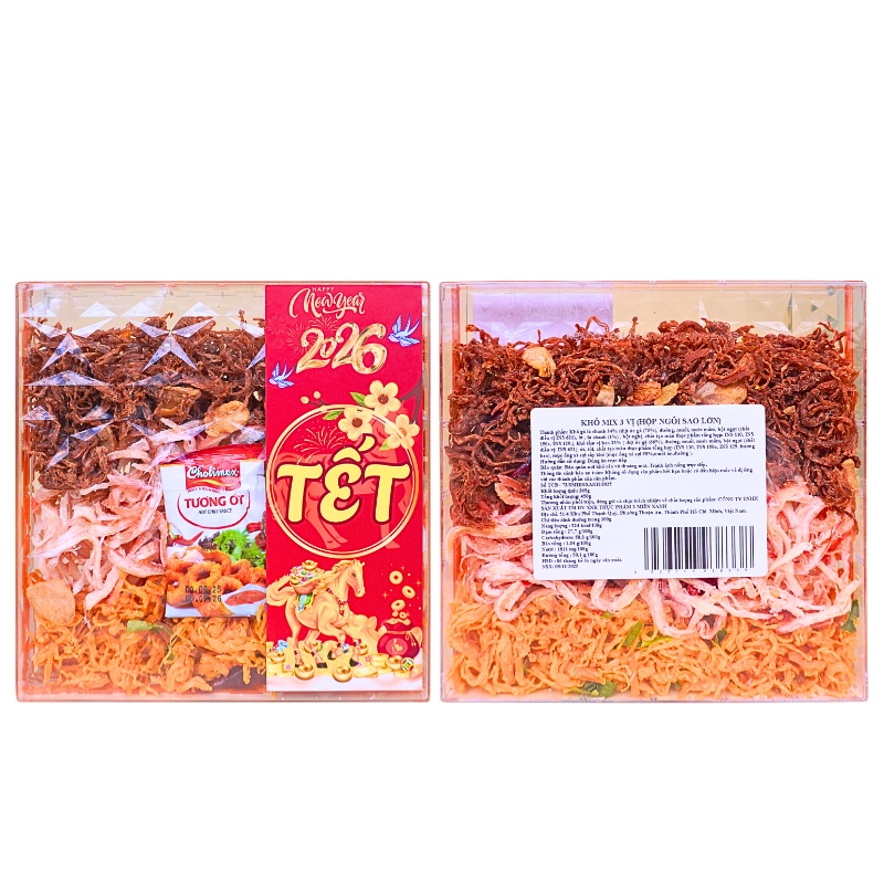 Khô Mix 3 Vị Tẩm Vị Heo, Mực Sợi Hấp Dẫn, Khô Gà Lá Chanh Hộp Ngôi Sao Lớn 450g - Hộp Quà Tết 2026 Khô Mix 3 Vị Tẩm Vị Heo, Mực Sợi Hấp Dẫn, Khô Gà Lá Chanh Hộp Ngôi Sao Lớn 450g - Hộp Quà Tết 2026