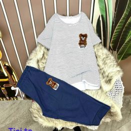 Đồ bộ quần lửng áo tay ngắn sọc in hình gấu - DBO3806