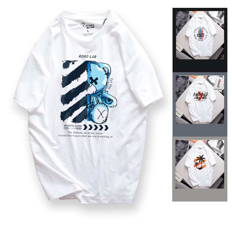 23647-ab500-3.png Áo Thun Nam Cổ Tròn Rurumen Màu Trắng In Hình Gấu Teddy Xanh (Có size 4x) - AB500