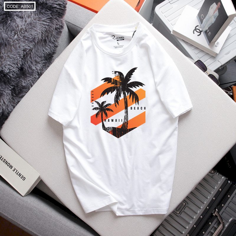 Áo Thun Nam Cổ Tròn Màu Trắng Rurumen In Hình Cây Dừa (Có size to 4x) Áo Thun Nam Cổ Tròn Màu Trắng Rurumen In Hình Cây Dừa (Có size to 4x)