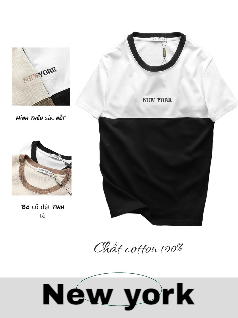 Áo Thun Nam Cổ Tròn Pack Horse Thêu Chữ New York Phối Hai Màu Áo Thun Nam Cổ Tròn Pack Horse Thêu Chữ New York Phối Hai Màu