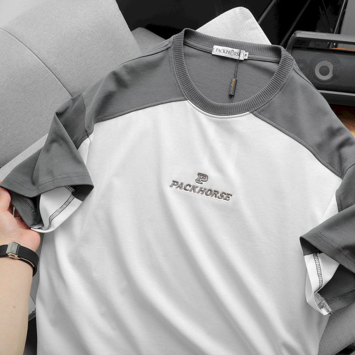 24093_z5363825462827-fdd5d954ac036510bb36ab37450cc12a_20240420025039-3.png Áo Thun Nam Cổ Tròn Oversize Tay Phối Màu Thêu Chữ PackHorse - AB512