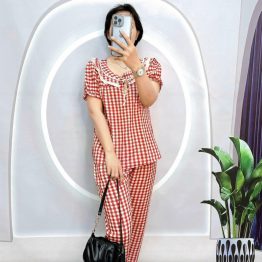 Đồ bộ caro mango quần dài áo tay ngắn cổ có nơ thắt - DBO4526