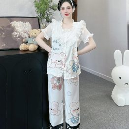 Đồ bộ quần dài áo tay ngắn bèo cổ voan ống quần voan in nhiều hình - DBO4534
