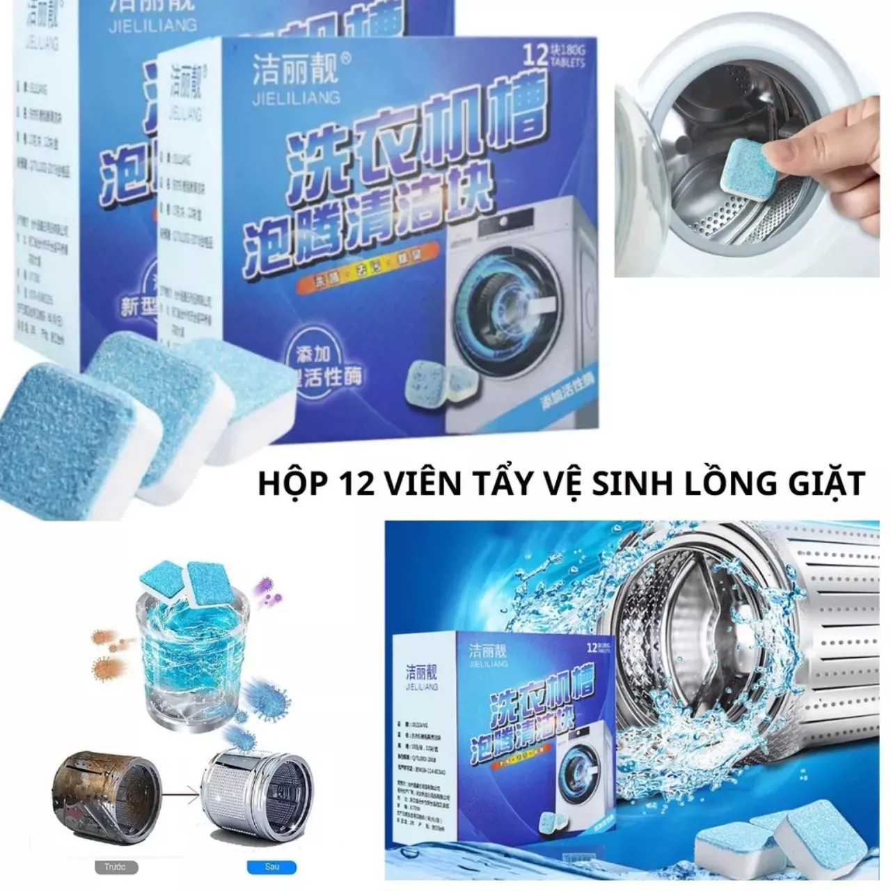 Chuyên sỉ combo 3 Hộp 12 Viên Tẩy Lồng Máy Giặt - Viên Vệ Sinh Lồng Giặt Tẩy Sạch Cặn Bẩn Vi Khuẩn Gây Mùi 9x8x5cm Chuyên sỉ combo 3 Hộp 12 Viên Tẩy Lồng Máy Giặt - Viên Vệ Sinh Lồng Giặt Tẩy Sạch Cặn Bẩn Vi Khuẩn Gây Mùi 9x8x5cm