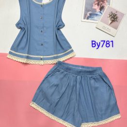 Đồ bộ quần đùi áo sát nách có nút trơn phối ren - DBO4930