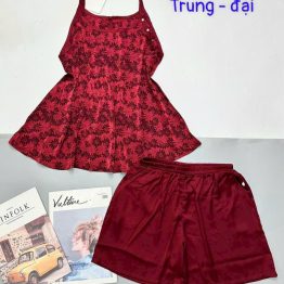 Đồ bộ gấm 2 da phối lụa mờ quần đùi trơn áo yếm 2 dây - DBO4934