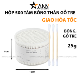 Hộp 500 Tăm Bông Ngoáy Tai - Tăm Bông Thân Gỗ 2 Đầu Bông Mềm Mại 8x12cm - TBTG500