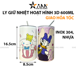 Ly Giữ Nhiệt Hoạt Hình 3D 600ml Kèm Ống Hút - BGNKOH3D01