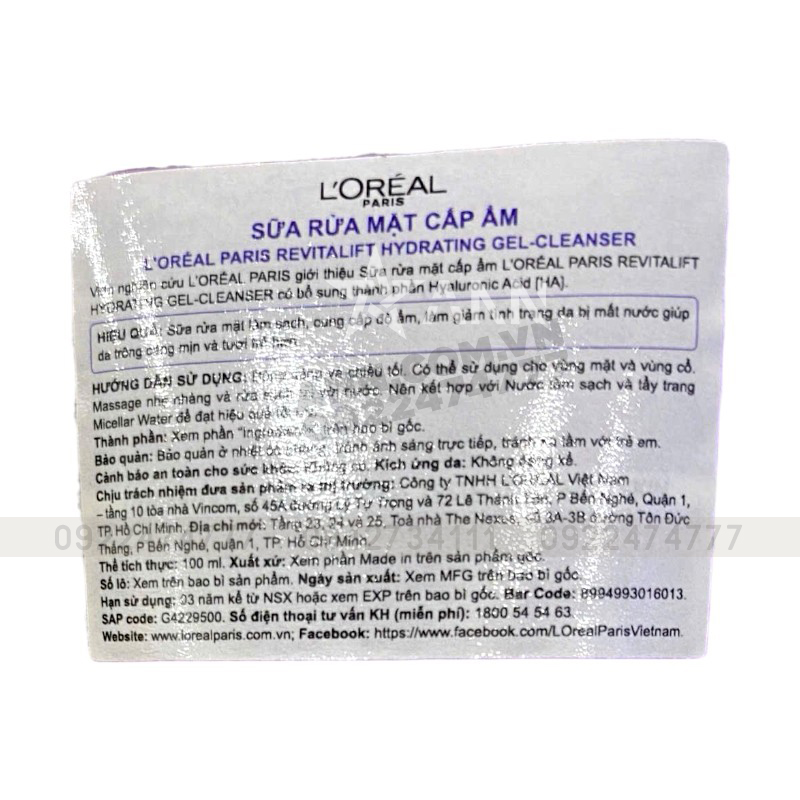 25389_srm-loreal-phu-photoroom-3_20241007155729-12.jpg Sữa Rửa Mặt Loreal Paris Cấp Ẩm Da Revitalift Hyaluronic Acid 100ml - 8994993016013