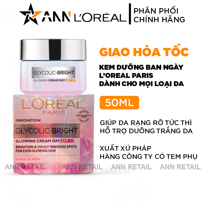 25391_bia-kd_20241008085753-11.png Kem Dưỡng Trắng Da Loreal Paris Ban Ngày Glycolic-Bright Glowing Cream Day SPF 17 50ml - 8994993016525