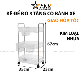 Kệ Để Đồ - Kệ 3 Tầng - Kệ Bếp - Kệ Nhựa Trong Suốt Có Bánh Xe 67x23x35cm - KDD3T