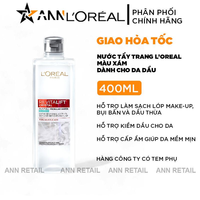 25728_1_20241112152609-2.png Nước Tẩy Trang Loreal Paris Màu Xám Sạch Sâu Kiềm Dầu Revitalift Crystal Micellar Water 400ml - 6923700981476