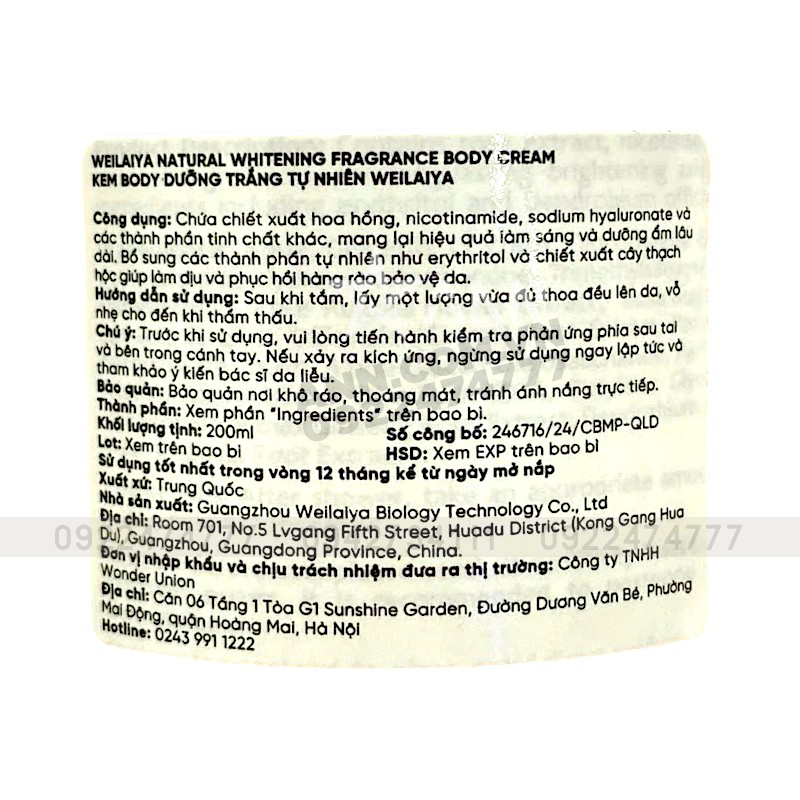 Nguồn sỉ kem Body Trắng Da Weilaiya Hương Nước Hoa Natural Fragrance Body Cream SPF30 PA+++ 200ml Nguồn sỉ kem Body Trắng Da Weilaiya Hương Nước Hoa Natural Fragrance Body Cream SPF30 PA+++ 200ml