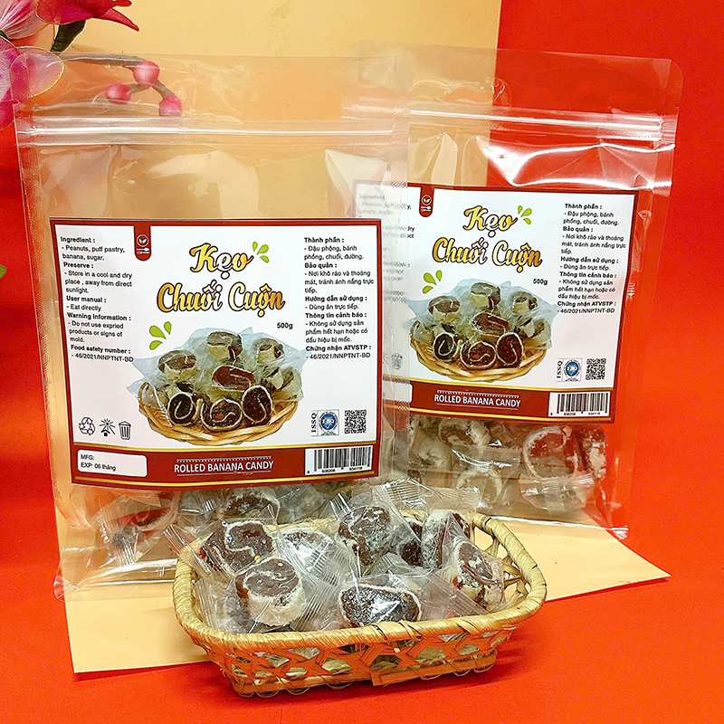 Nguồn sỉ kẹo Chuối Cuộn Túi Zip 500g Nguồn sỉ kẹo Chuối Cuộn Túi Zip 500g
