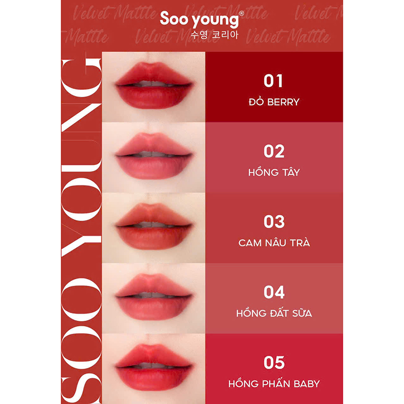 Bỏ sỉ son Kem Nhung Lì Soo Young Velvet Matte 4g - 5 Màu Quyến Rũ Thời Thượng Bỏ sỉ son Kem Nhung Lì Soo Young Velvet Matte 4g - 5 Màu Quyến Rũ Thời Thượng