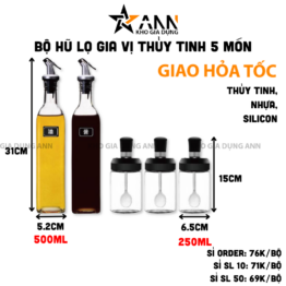 Bộ Hũ Lọ Gia Vị Thủy Tinh 5 Món 500ml 250ml 31x5.2cm & 15x6.5cm - BHTT02