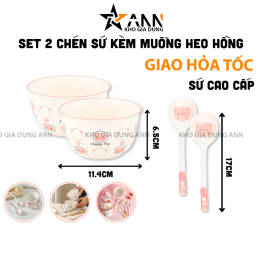 Set 2 Chén Sứ Cao Cấp - Bát Họa Tiết Heo Hồng Dễ Thương Kèm Muỗng 6.4x11.4cm - CSCC01