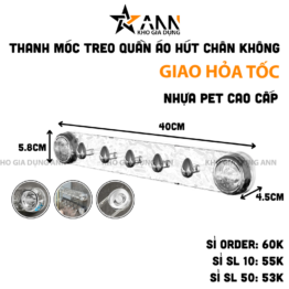 Thanh Móc Treo Quần Áo Nhà Tắm Hút Chân Không Siêu Chịu Lực - Móc Treo Đồ Đa Năng Hít Tường Nhà Bếp 40x4,5x5,8cm - MTQACT02