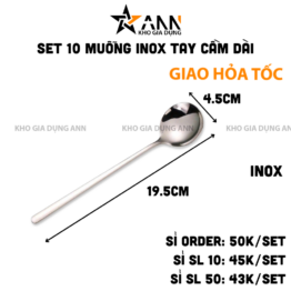 Set 10 Muỗng Dài Inox 304 - Thìa Inox Cao Cấp Bền Đẹp 19.5x4.5cm - MIN30403