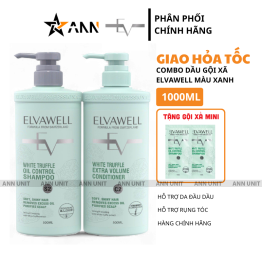 Combo Dầu Gội Xả Elvawell Màu Xanh Nấm Truffle 1000ml Hỗ Trợ Tóc Sạch Dầu Bết - ELVAWELLXANH