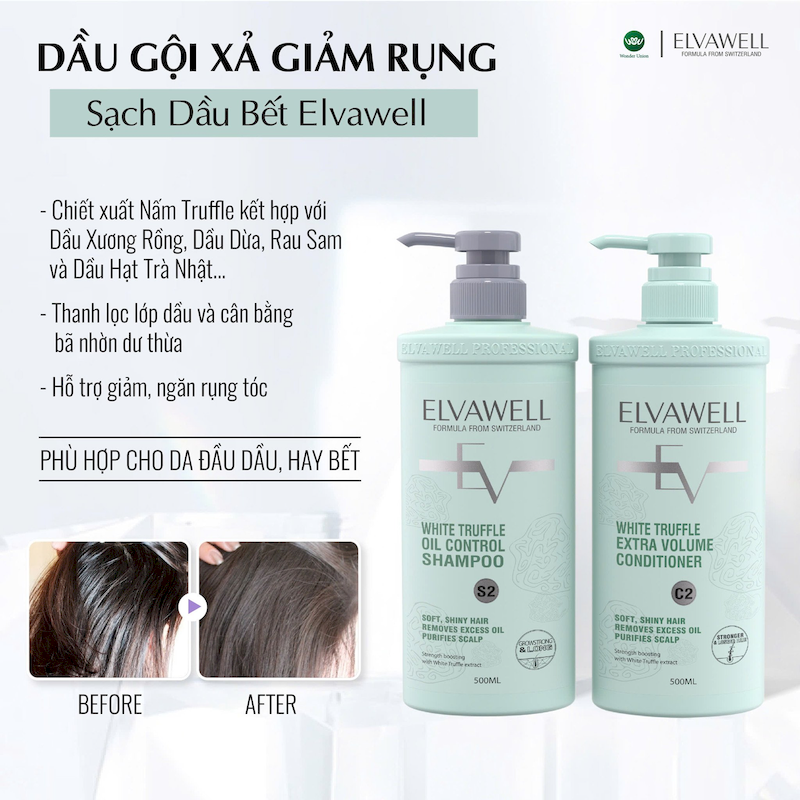 Combo Dầu Gội Xả Elvawell Màu Xanh Nấm Truffle 1000ml Hỗ Trợ Tóc Sạch Dầu Bết Combo Dầu Gội Xả Elvawell Màu Xanh Nấm Truffle 1000ml Hỗ Trợ Tóc Sạch Dầu Bết