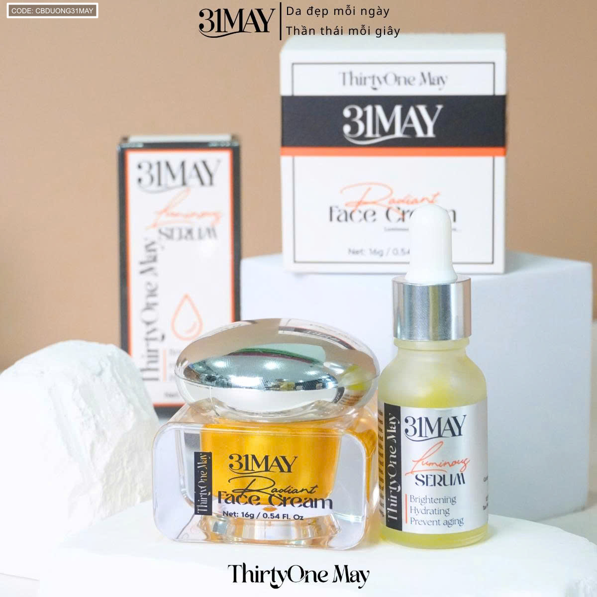 26559_z7091285192668-f0506ea417a262b60271ba7f62e466c7_20251008224418-1.png Combo Kem Nám 31may - Serum 31May Luminous 15ml Và Kem Face Nám 31May Radiant 16g - Mỹ Phẩm Thirty One May - CBDUONG31MAY