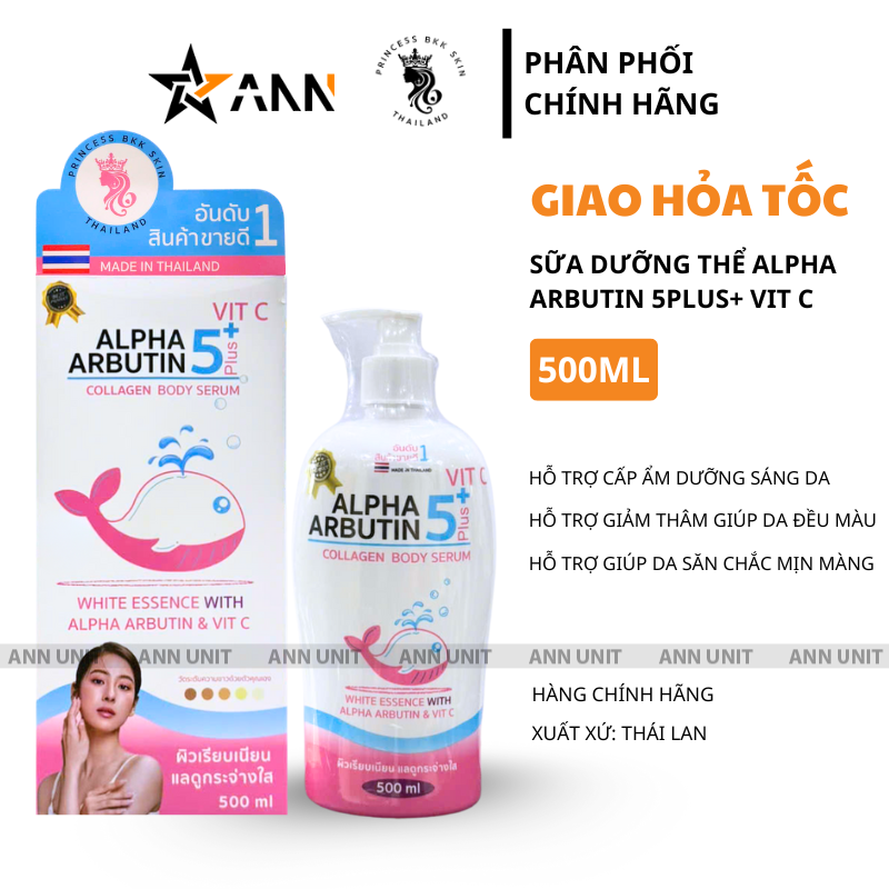 26568_1_20250816111003-1.png Sữa Dưỡng Thể Alpha Arbutin 5Plus+ Vit C Collagen Body Serum Princess Bkk Skin ThaiLand 500ml Có Tem - 8859389307765