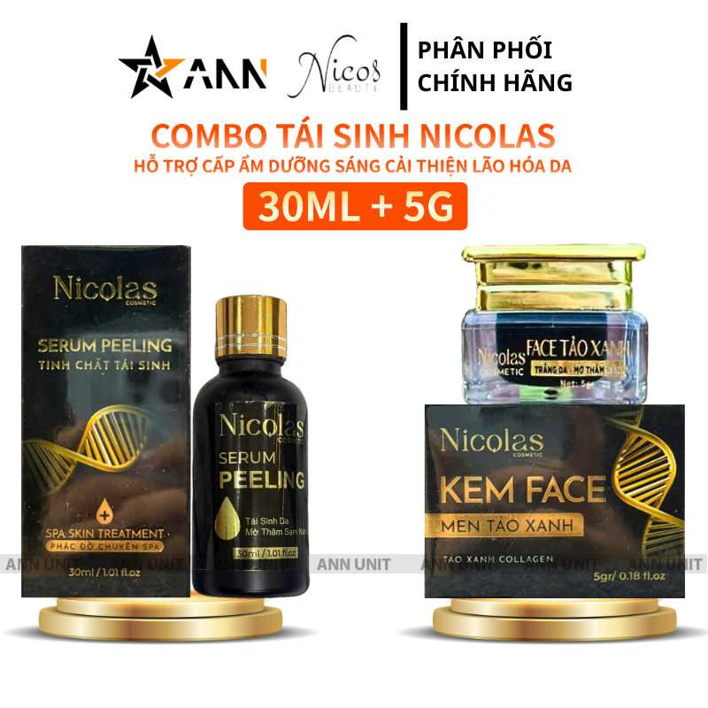 Combo Tái Sinh Nicolas - Serum Peeling 30ml & Kem Face Men Tảo Xanh Collagen 5g Combo Tái Sinh Nicolas - Serum Peeling 30ml & Kem Face Men Tảo Xanh Collagen 5g