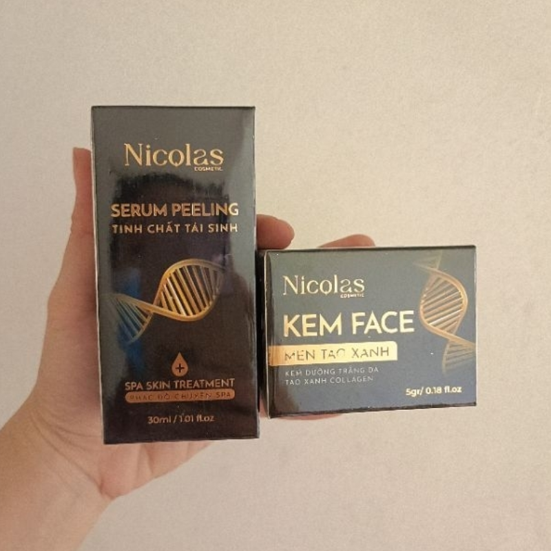 Combo Tái Sinh Nicolas - Serum Peeling 30ml & Kem Face Men Tảo Xanh Collagen 5g Combo Tái Sinh Nicolas - Serum Peeling 30ml & Kem Face Men Tảo Xanh Collagen 5g