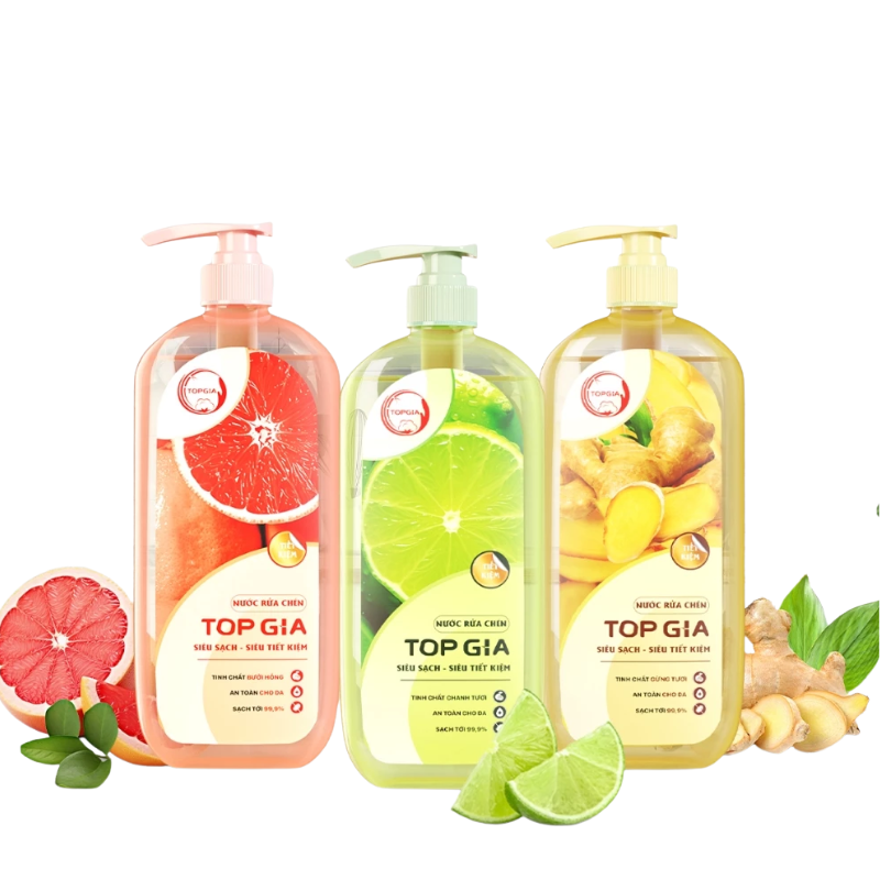 Combo 3 Chai Nước Rửa Chén Top Gia Hương Chanh Tươi - Hương Gừng- Hương Bưởi Hồng 1kg/chai Combo 3 Chai Nước Rửa Chén Top Gia Hương Chanh Tươi - Hương Gừng- Hương Bưởi Hồng 1kg/chai