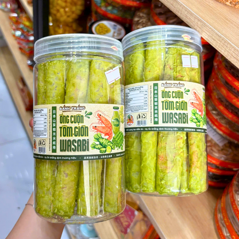 Bánh Tráng Ống Cuộn Tôm Wasabi 150g Hộp Tròn Bánh Tráng Ống Cuộn Tôm Wasabi 150g Hộp Tròn