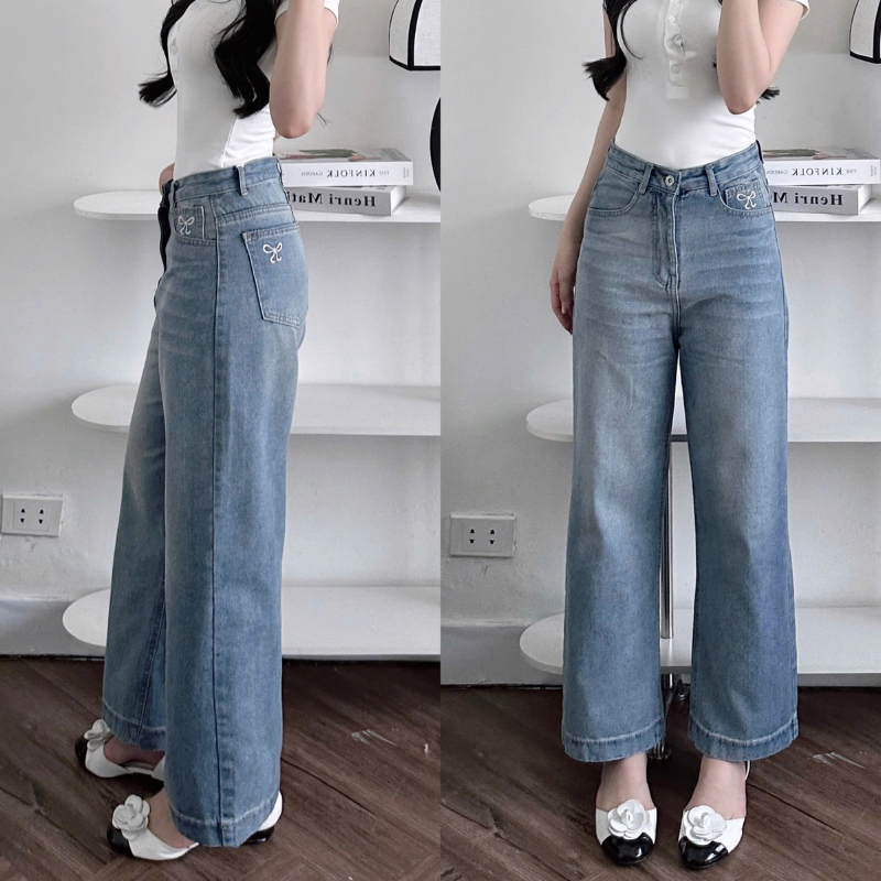 Nguồn sỉ quần Jeans Nữ Ống Rộng Vải Dày Mềm Không Co Giãn Phối Nơ Ở Túi Quần Cực Xinh Nguồn sỉ quần Jeans Nữ Ống Rộng Vải Dày Mềm Không Co Giãn Phối Nơ Ở Túi Quần Cực Xinh