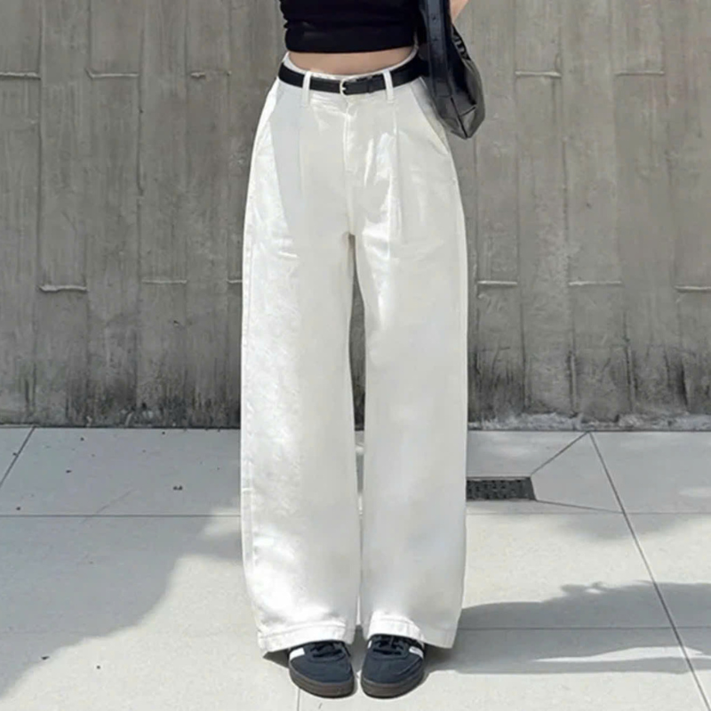 Quần Jeans Nữ Trơn Ống Rộng Vải Dày Mềm Không Co Giãn Quần Jeans Nữ Trơn Ống Rộng Vải Dày Mềm Không Co Giãn