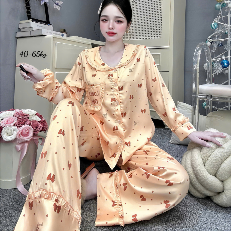 Đồ Bộ Pijama Nữ - Đồ Bộ Tay Dài Quần Dài Viền Bèo Họa Tiết Nhí Size 40-60kg Đồ Bộ Pijama Nữ - Đồ Bộ Tay Dài Quần Dài Viền Bèo Họa Tiết Nhí Size 40-60kg