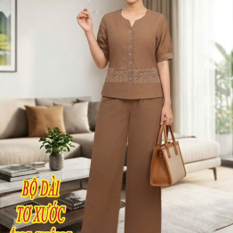 Đồ bộ nữ tay ngắn Quần dài ống rông phối ren - DBOR0070