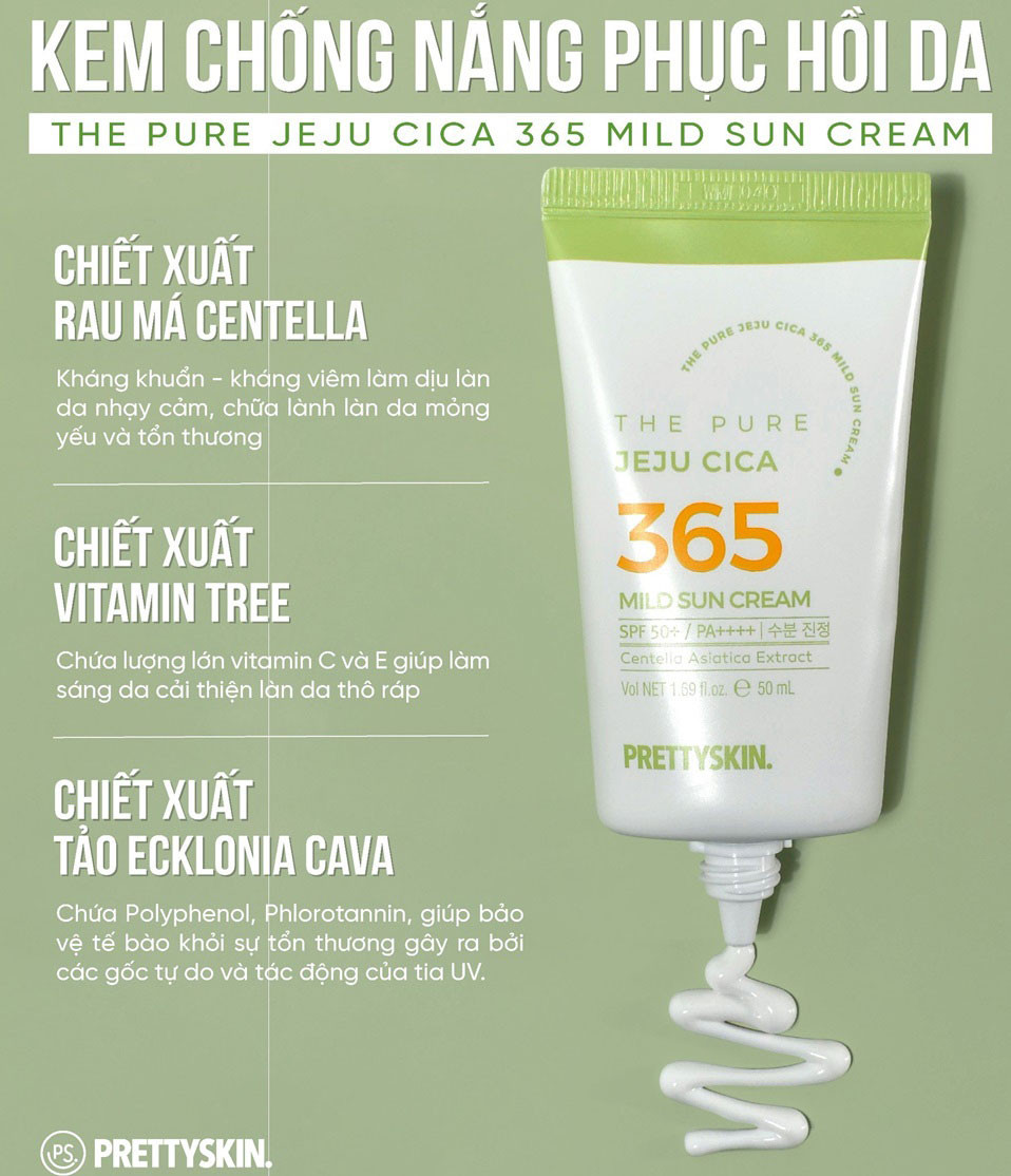 kem chống nắng rau má Pretty Skin The Pure Jeju Cica 365 Mild Sun Cream