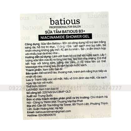 Sữa tắm Batious B3+ Bộ combo hoàn hảo từ Vitamin B3 và Niacinamide