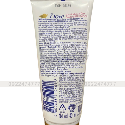 Kem Khử Mùi Tinh Chất Serum Dưỡng Sáng, Khử Mùi, Làm Đều Màu Da Dove 3% Niacinamide & 10x Collagen 50ml