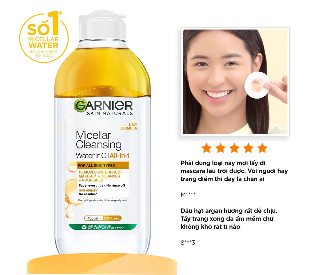 Nước tẩy trang Garnier Micellar Oil-Infused Cleansing Water 400ml Cam