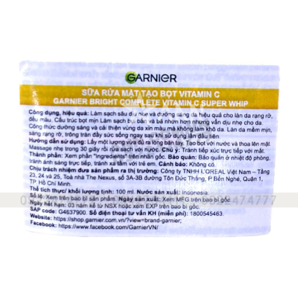 Sữa Rửa Mặt Dạng Bọt Garnier Bright Complete Vitamin C Super Whip 100ml