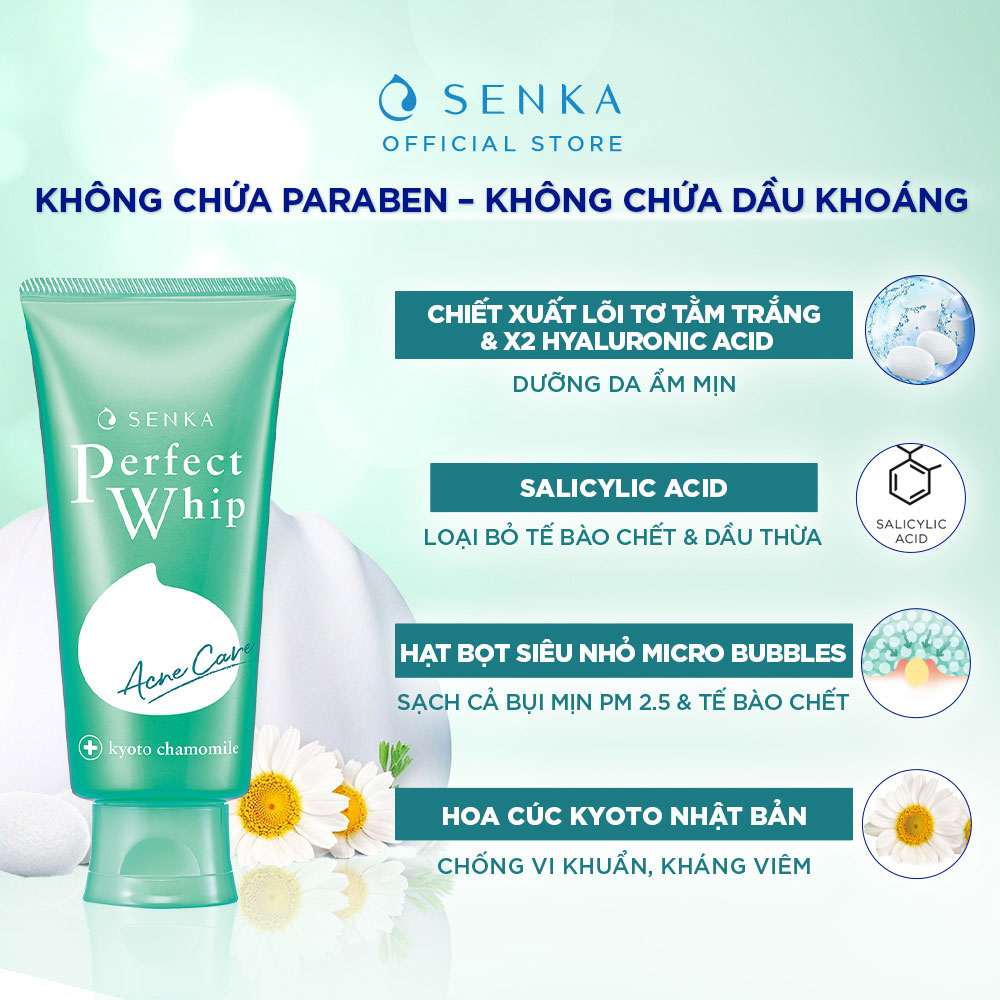 Sữa Rửa Mặt Senka Perfect Whip Acne Care 100g  làm sạch dầu và kiểm soát mụn ngay từ bước làm sạch