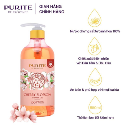 Sữa Tắm Purité Sáng Mịn Da Hương Hoa Anh Đào 850ml với hương thơm tự nhiên ngọt ngào quyến rũ