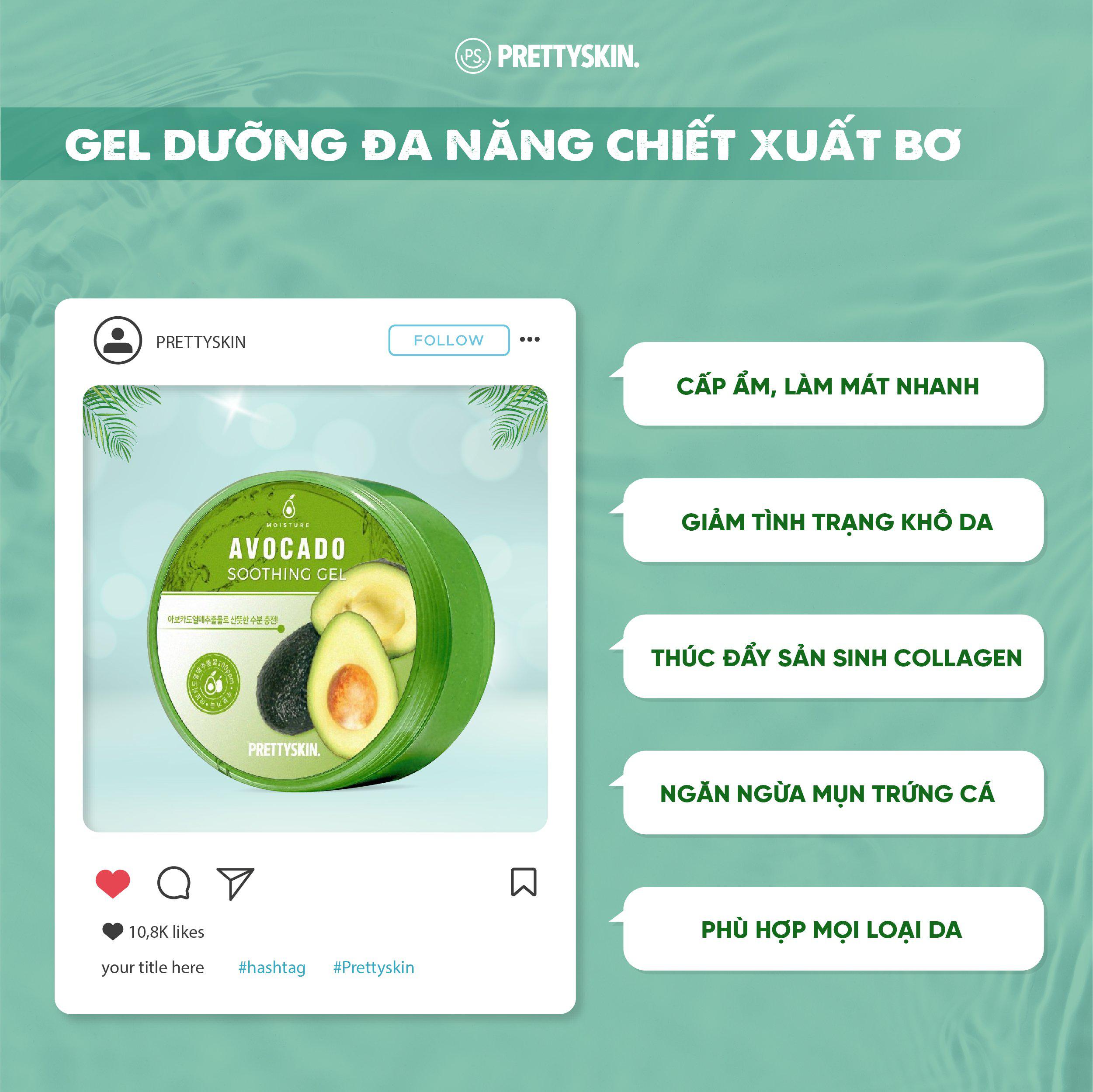 Gel Dưỡng Da Đa Năng Prettyskin Chiết Xuất Bơ Avocado Soothing Gel Hỗ trợ giảm mụn, giúp thu nhỏ lỗ chân lông
