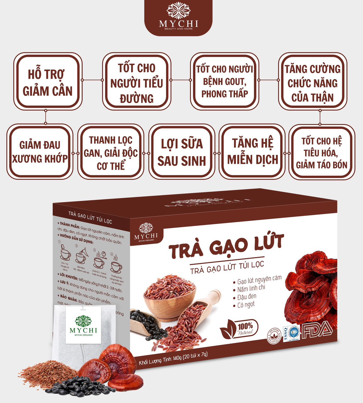 Trà Giảm Cân Gạo Lứt nấm linh chi đỏ Mychi 120g Hộp 20 Túi