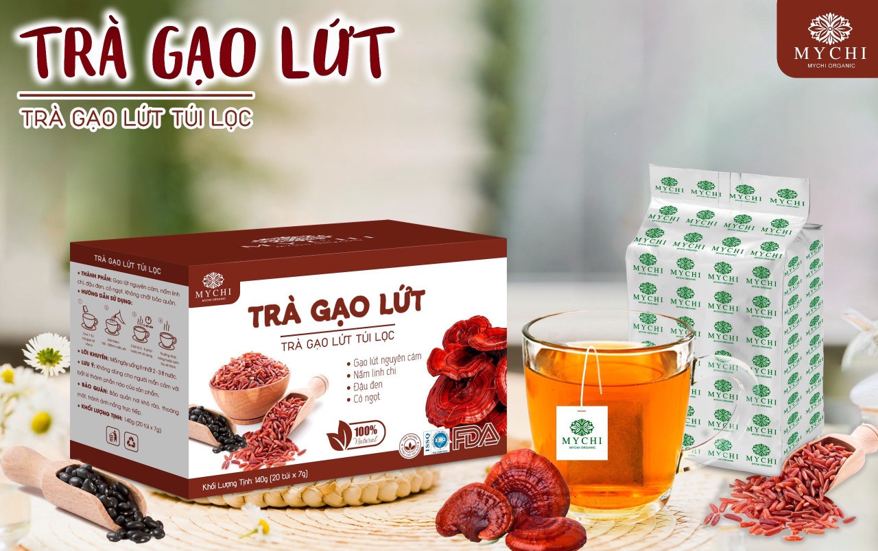 Trà Giảm Cân Gạo Lứt nấm linh chi đỏ Mychi 120g Hộp 20 Túi